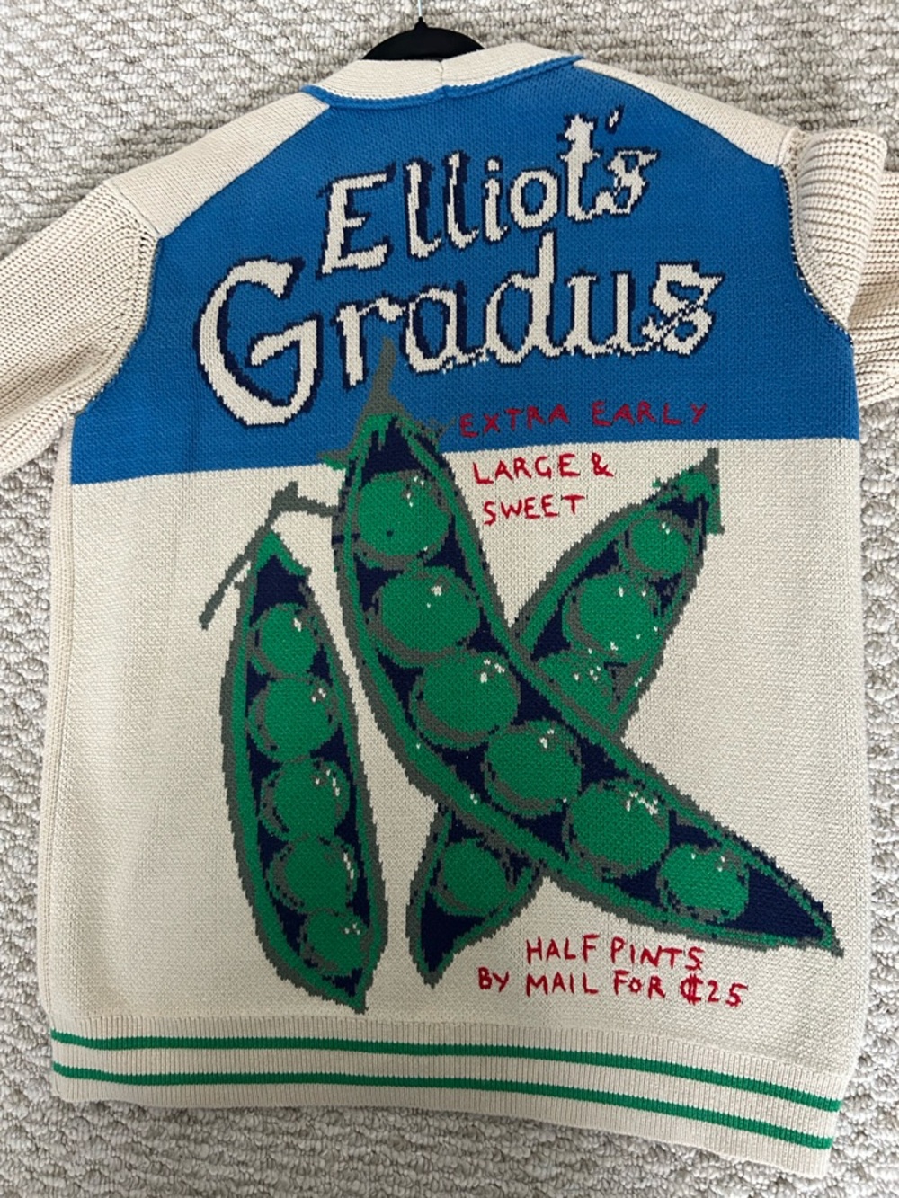 Anthropologie Cream and Blue Pea Pod Graphic Sweater